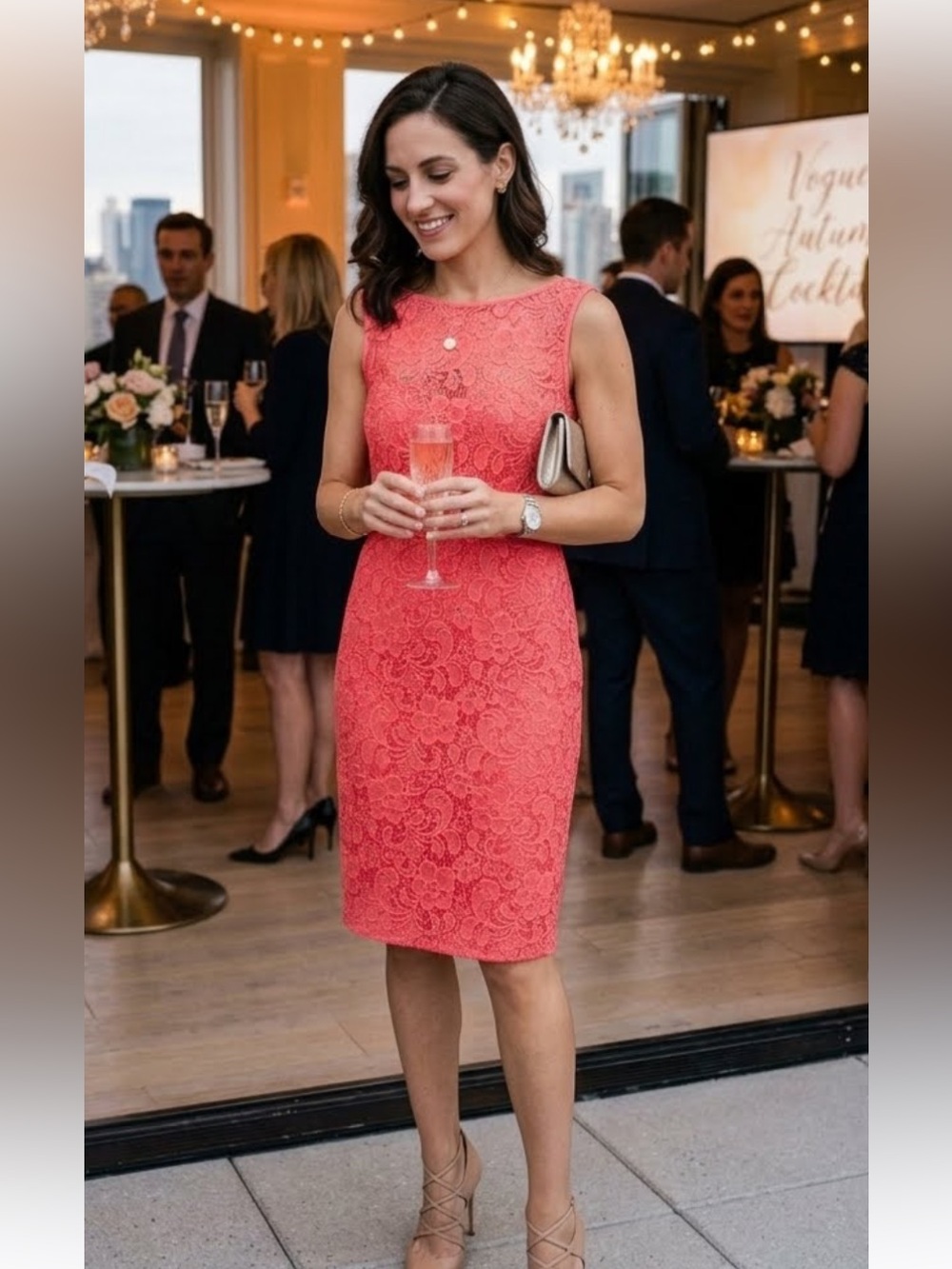 THEIA - Coral Lace Midi Dress with Satin Trim & Lining.  Size 2.  NWOT